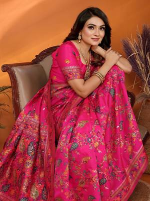 magenta soft silk blend meenakari weaving work pashmina saree 6