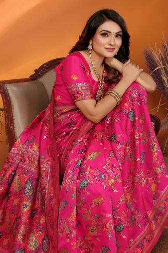 magenta soft silk blend meenakari weaving work pashmina saree