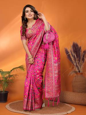 pink soft silk blend meenakari weaving work pashmina saree 1