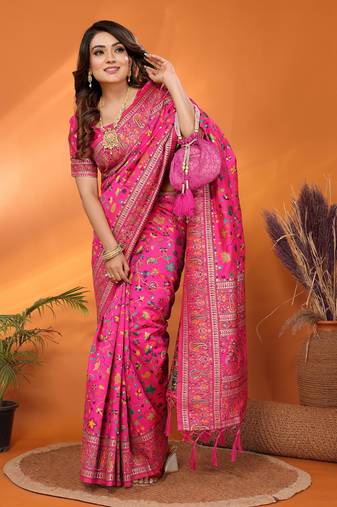 pink soft silk blend meenakari weaving work pashmina saree