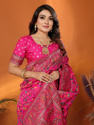 pink soft silk blend meenakari weaving work pashmina saree 3
