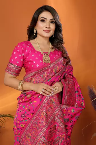 pink soft silk blend meenakari weaving work pashmina saree