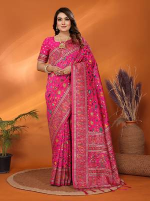 pink soft silk blend meenakari weaving work pashmina saree 4