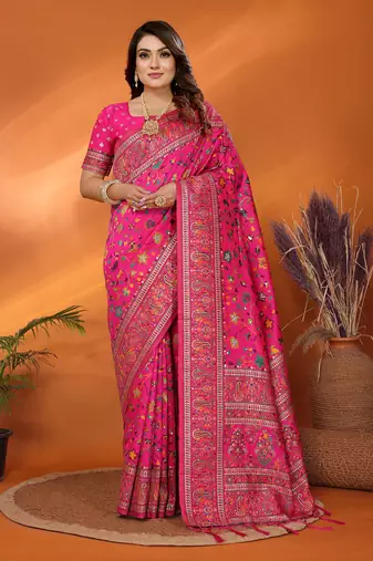 pink soft silk blend meenakari weaving work pashmina saree