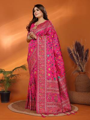 pink soft silk blend meenakari weaving work pashmina saree 5