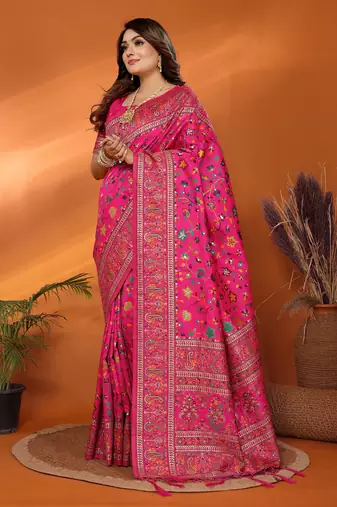 pink soft silk blend meenakari weaving work pashmina saree