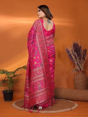 pink soft silk blend meenakari weaving work pashmina saree 6
