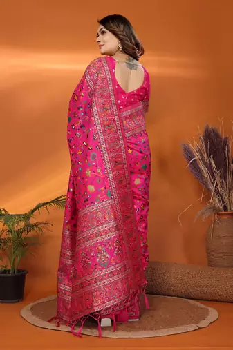 pink soft silk blend meenakari weaving work pashmina saree