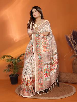 off white soft silk blend meenakari weaving work pashmina saree 1