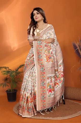 off white soft silk blend meenakari weaving work pashmina saree