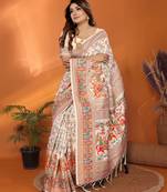 off white soft silk blend meenakari weaving work pashmina saree