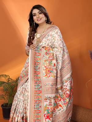 off white soft silk blend meenakari weaving work pashmina saree 3