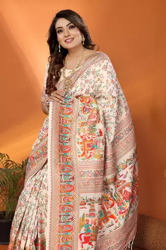off white soft silk blend meenakari weaving work pashmina saree