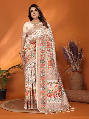 off white soft silk blend meenakari weaving work pashmina saree 4