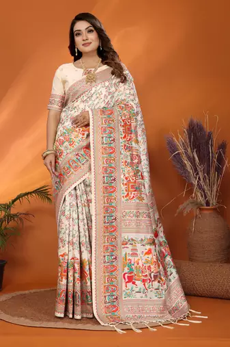 off white soft silk blend meenakari weaving work pashmina saree