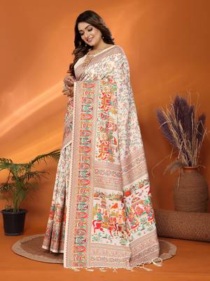 off white soft silk blend meenakari weaving work pashmina saree 5