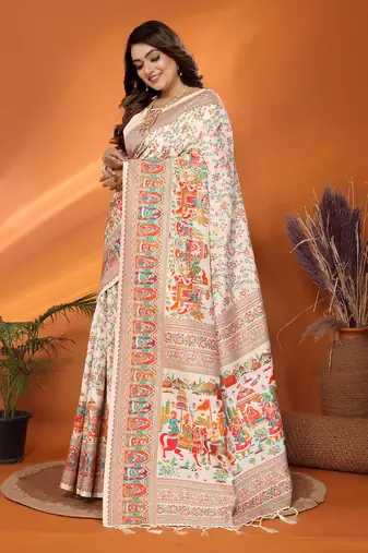 off white soft silk blend meenakari weaving work pashmina saree