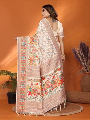 off white soft silk blend meenakari weaving work pashmina saree 6