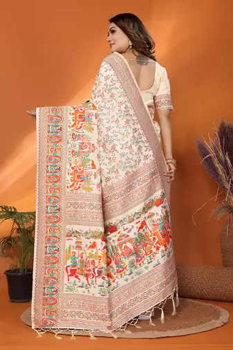off white soft silk blend meenakari weaving work pashmina saree