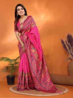 rani pink soft silk blend meenakari weaving work pashmina saree 1