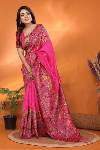 rani pink soft silk blend meenakari weaving work pashmina saree
