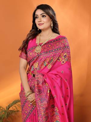 rani pink soft silk blend meenakari weaving work pashmina saree 3