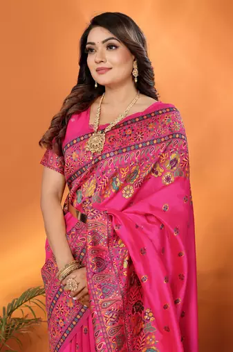 rani pink soft silk blend meenakari weaving work pashmina saree