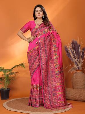 rani pink soft silk blend meenakari weaving work pashmina saree 4