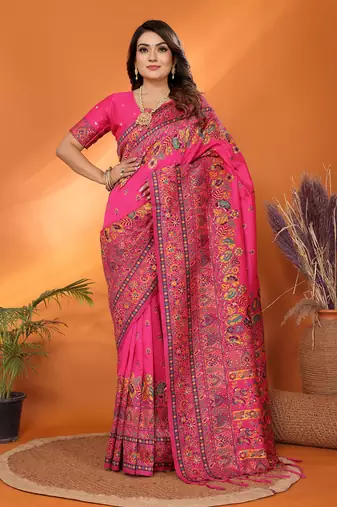 rani pink soft silk blend meenakari weaving work pashmina saree