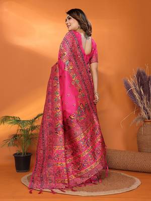 rani pink soft silk blend meenakari weaving work pashmina saree 5