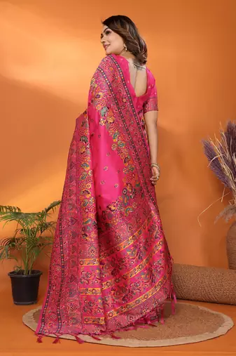 rani pink soft silk blend meenakari weaving work pashmina saree