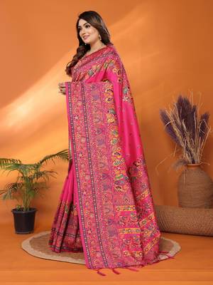 rani pink soft silk blend meenakari weaving work pashmina saree 6