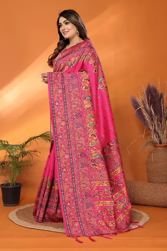 rani pink soft silk blend meenakari weaving work pashmina saree