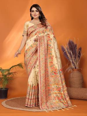 beige soft silk blend meenakari weaving work pashmina saree 1