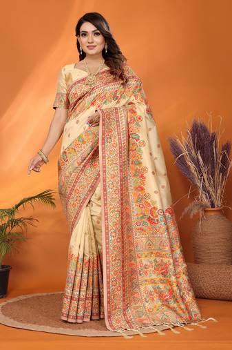 beige soft silk blend meenakari weaving work pashmina saree