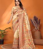 beige soft silk blend meenakari weaving work pashmina saree