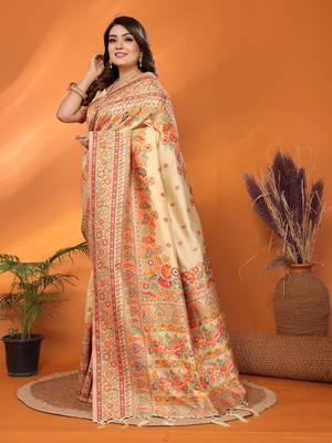 beige soft silk blend meenakari weaving work pashmina saree 3