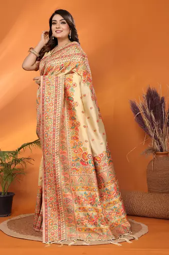 beige soft silk blend meenakari weaving work pashmina saree