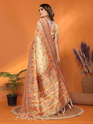 beige soft silk blend meenakari weaving work pashmina saree 4