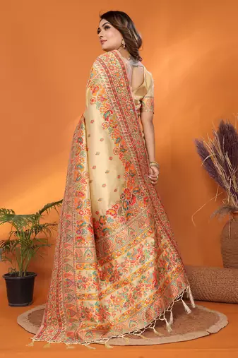 beige soft silk blend meenakari weaving work pashmina saree