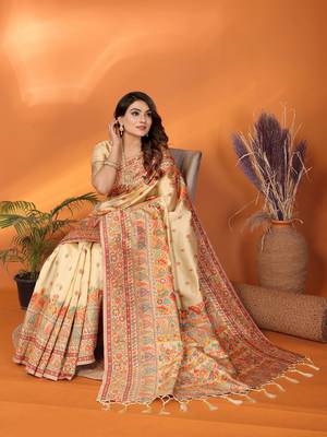 beige soft silk blend meenakari weaving work pashmina saree 5