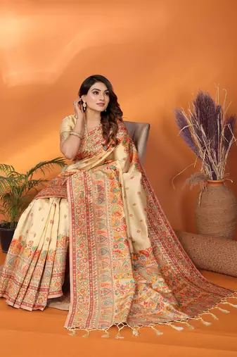 beige soft silk blend meenakari weaving work pashmina saree