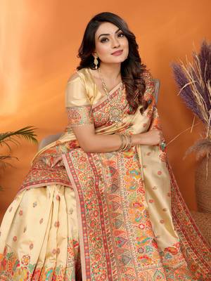 beige soft silk blend meenakari weaving work pashmina saree 6
