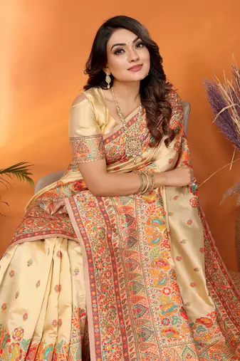 beige soft silk blend meenakari weaving work pashmina saree