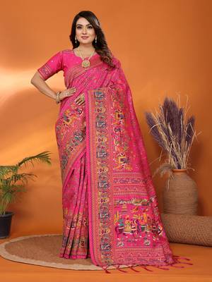 pink soft silk blend meenakari weaving work pashmina saree 1