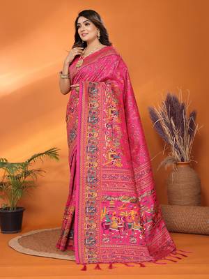 pink soft silk blend meenakari weaving work pashmina saree 3