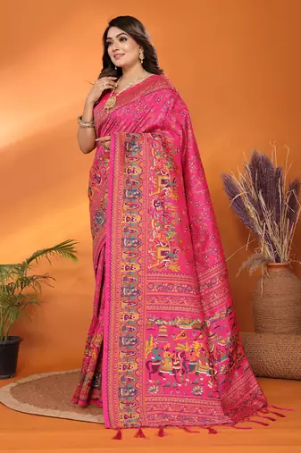 pink soft silk blend meenakari weaving work pashmina saree