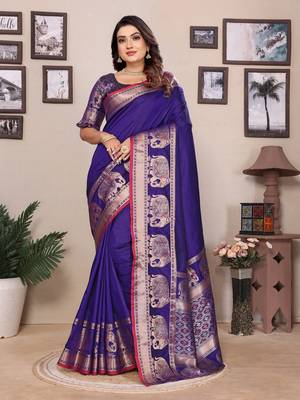 royal blue soft silk blend solid self jacquard weaving banarasi saree 1