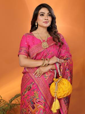 pink soft silk blend meenakari weaving work pashmina saree 5