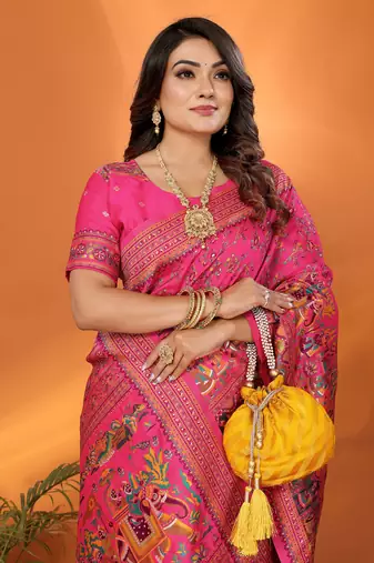 pink soft silk blend meenakari weaving work pashmina saree